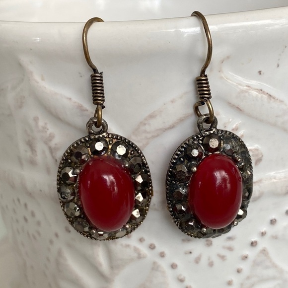 Ruby Red Marcasite SS Drop Earrings with Austrian Crystals Retro Glam Crimson - Picture 12 of 16